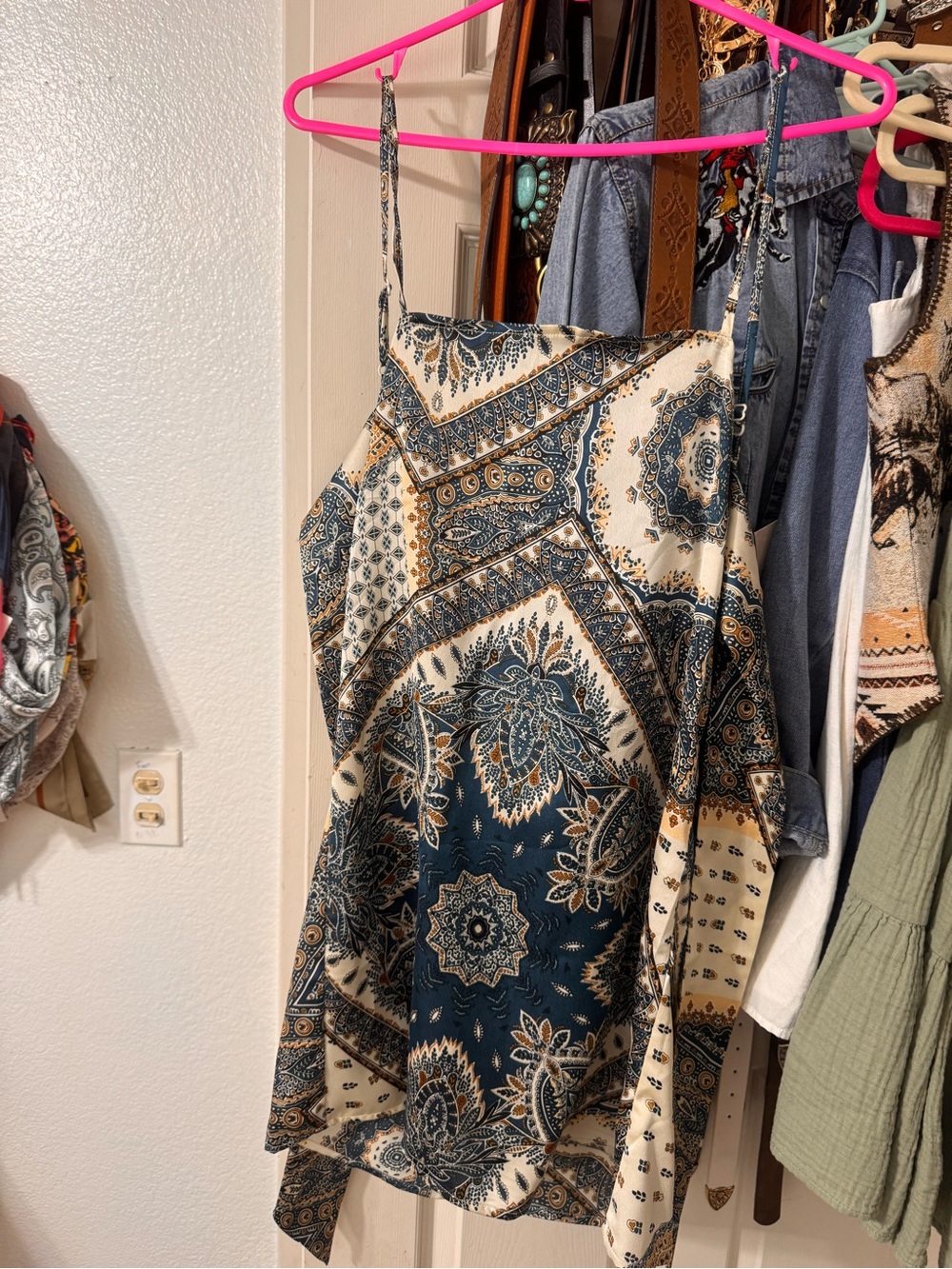 Boho Paisley Slip Dress in Cream & Teal